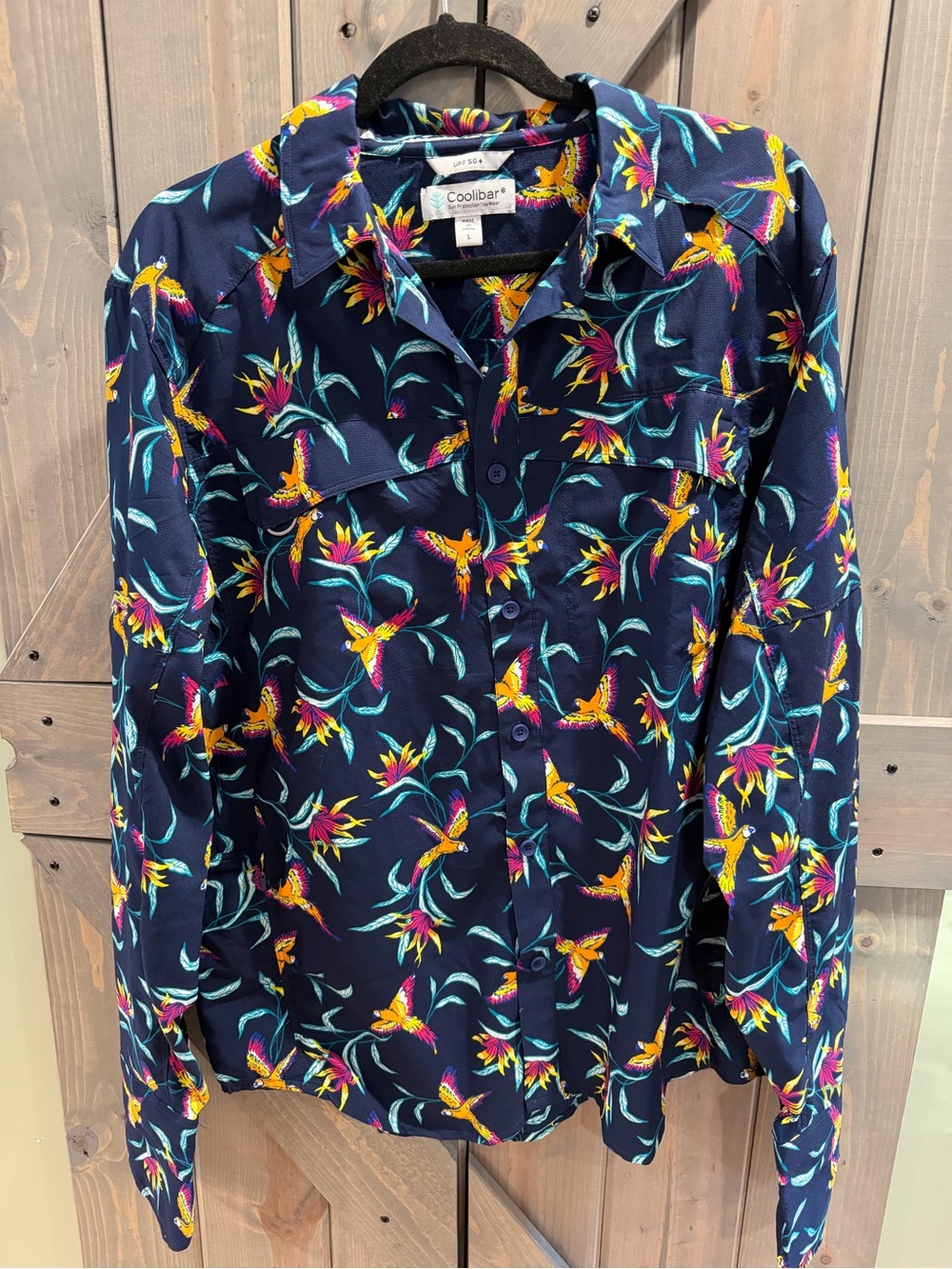 Coolibar Men’s L UPF 50+ Tropical Parrot Print Long Sleeve Button Down Shirt